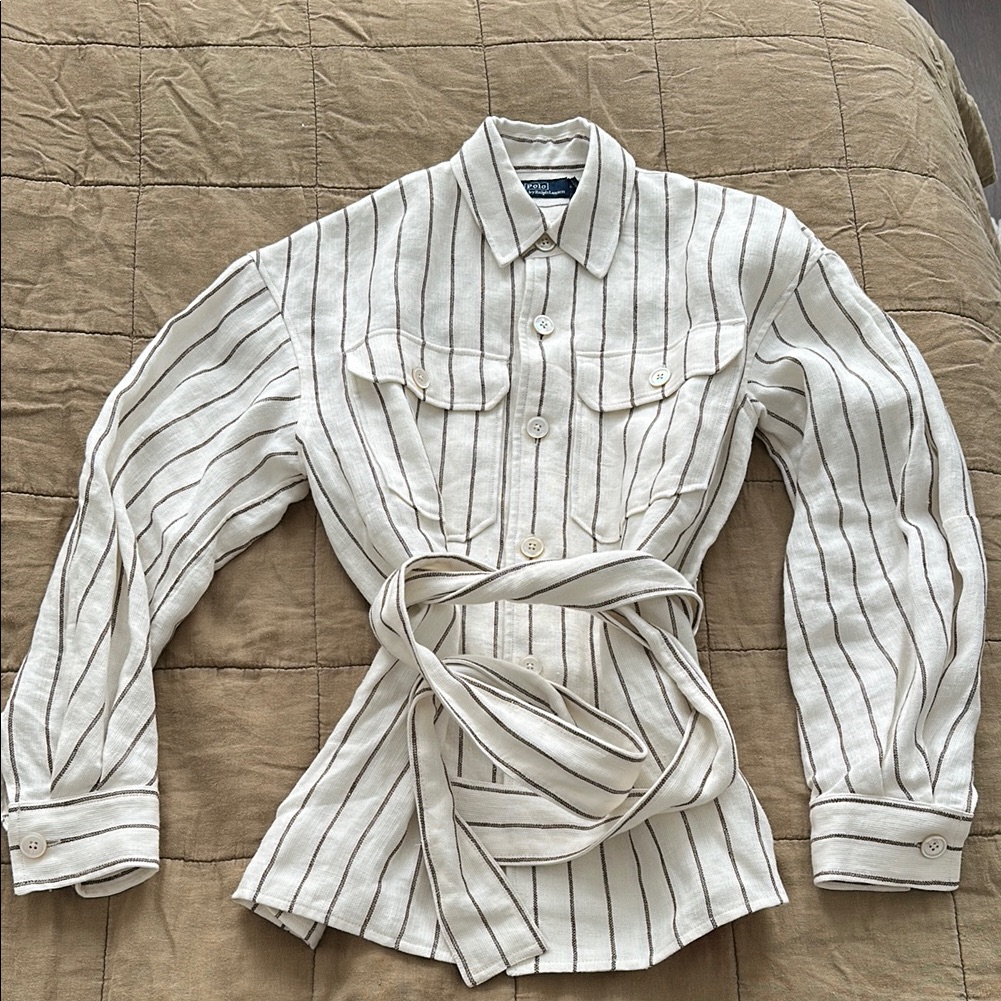 Polo By Ralph Lauren Cream And Brown Long Sleeve Button Down Shirt